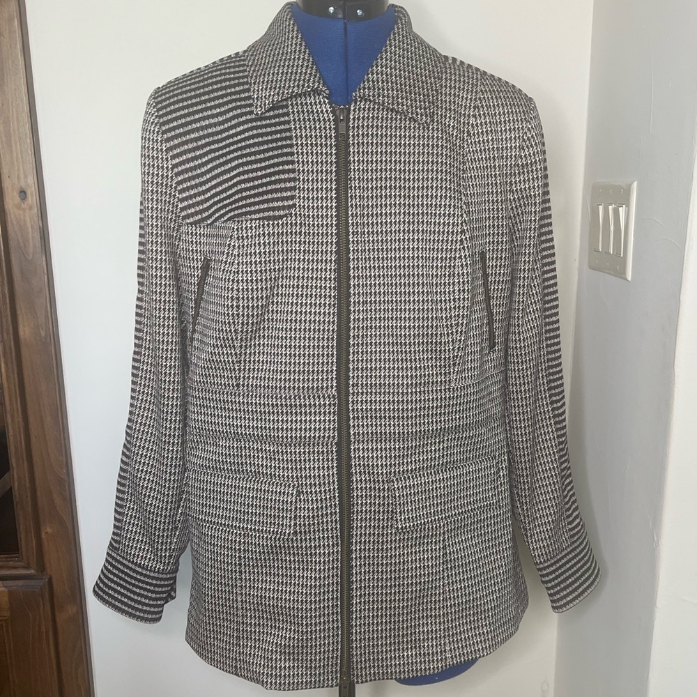 CAbi Black and White Striped Blazer with Zip-Up Front